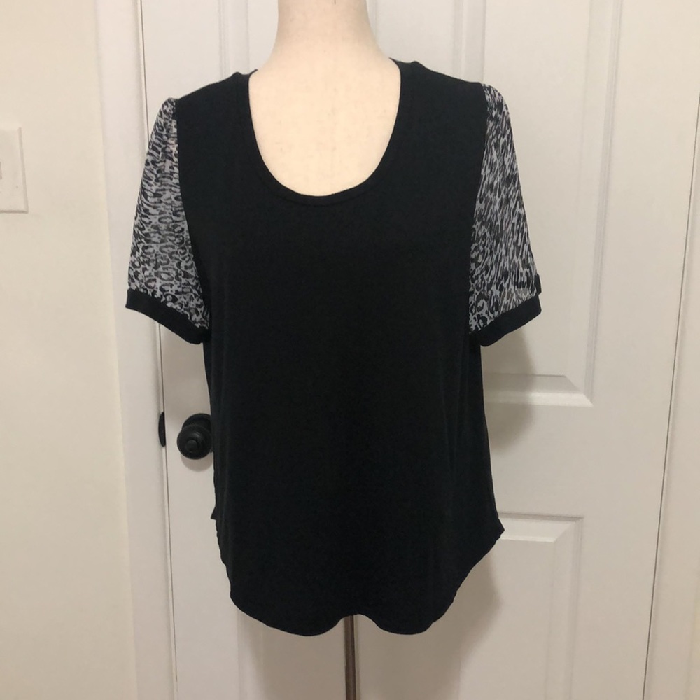 DKNY Women's Sheer Puff Sleeve Black Top - Size Large